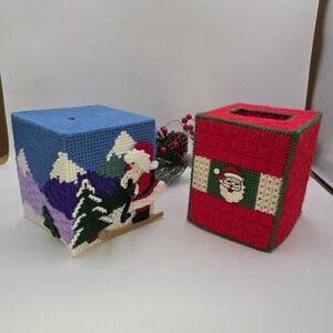 Vintage Christmas Yarn Art Tissue Box Covers Lot of 2 Santa Skiing & Santa‎ Face
